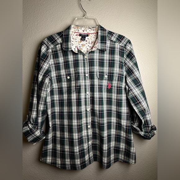 U.S. Polo Assn. Shirt Womens Size L Green White Button-Up Plaid Long Sleeve - Picture 1 of 6